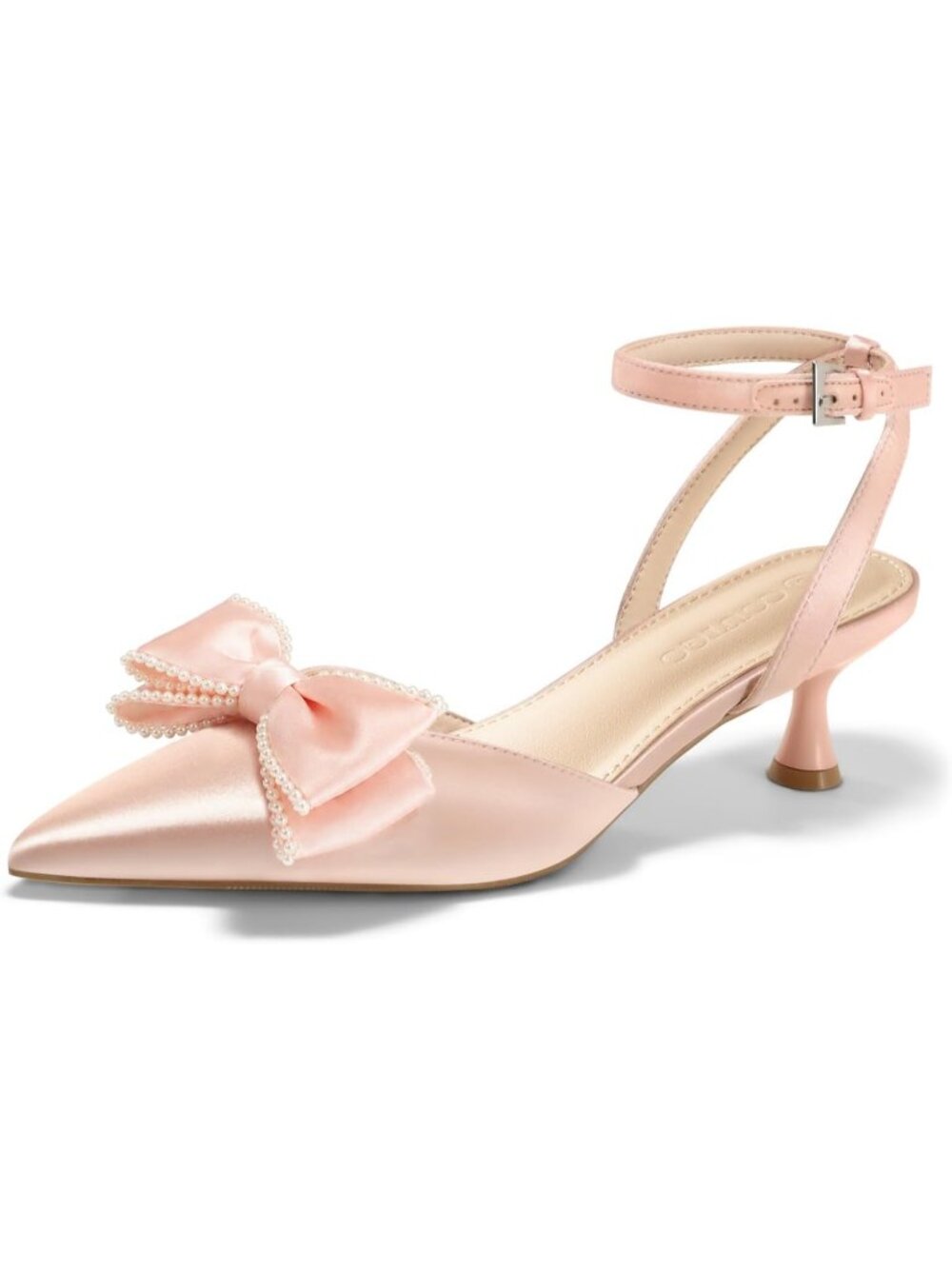 Women's Pink Satin Kitten Heels Bow Pearl Closed Pointed Toe Pumps Ankle Strap